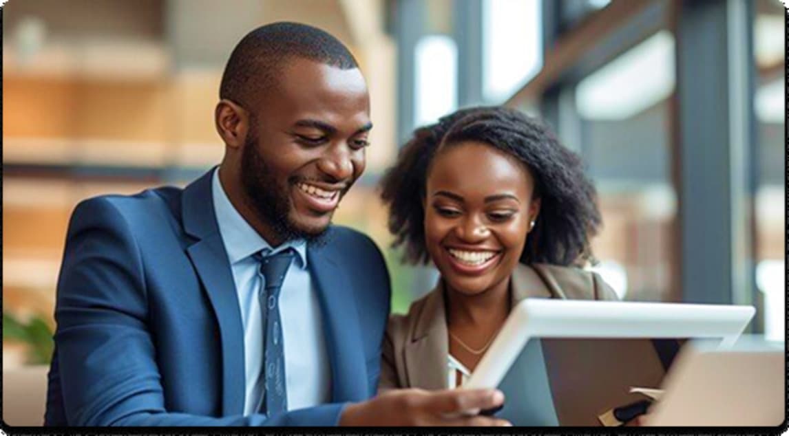 Two business executives reviewing financial performance on a tablet